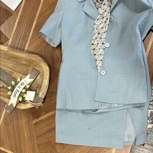 Larry Levine Pale Blue Suit Jacket with Polka Dot Scarf